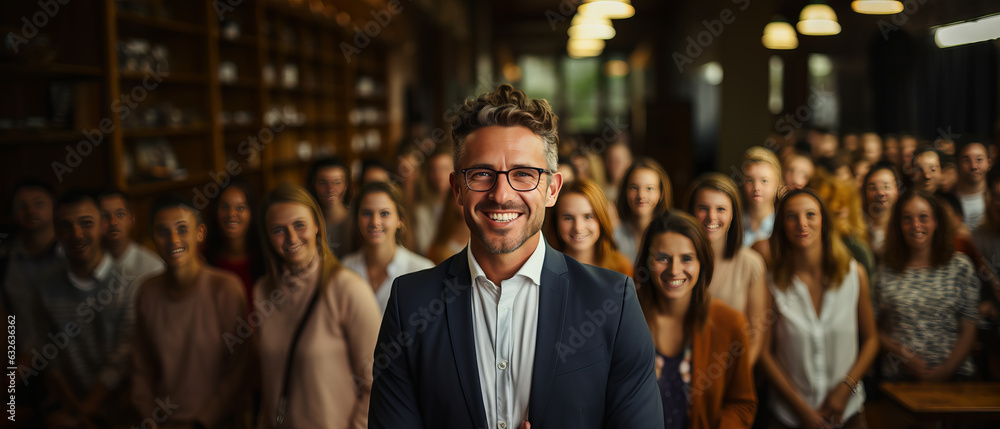 mature American teacher stand with soft blure students in rows background,generative ai