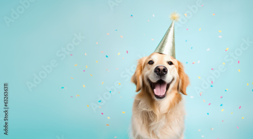 Happy golden retriever dog celebrating at a birthday party