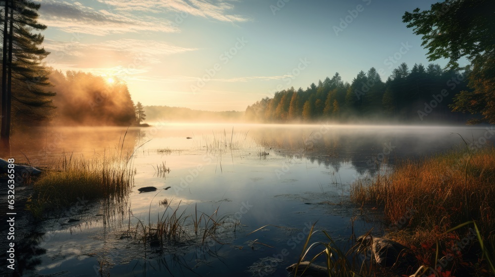 morning mist rising around lake shore generative AI