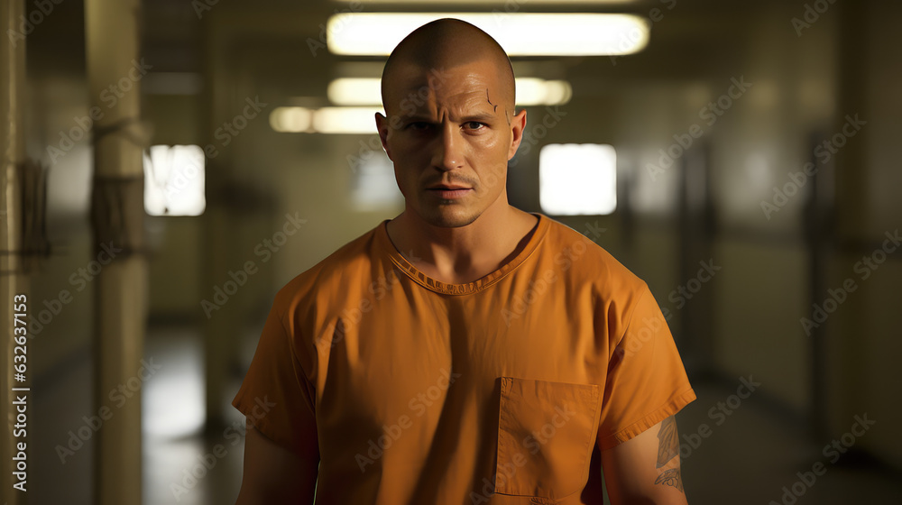 Young male inmate in prison uniform, man with shaved head portrait
