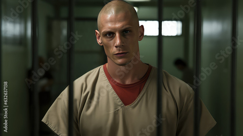 Young male inmate in prison uniform  man with shaved head portrait.