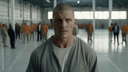 Young male inmate in prison uniform, man with shaved head portrait.