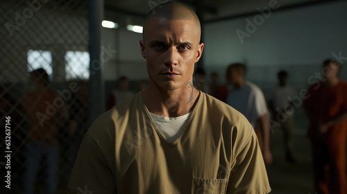 Young male inmate in prison uniform, man with shaved head portrait.