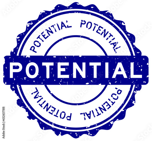 Grunge blue potential word round rubber seal stamp on white background
