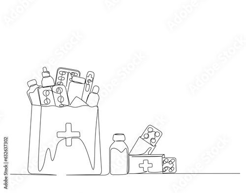 Continuous one line drawing of medicine in the paper bag. simple medical drugs pharmacy care line art vector illustration.
