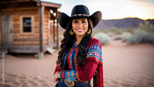 woman wear a stetson hat in old western town morning - Generative AI