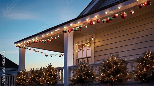 Fotografia, Obraz outdoor christmas lights along house roofline generative AI