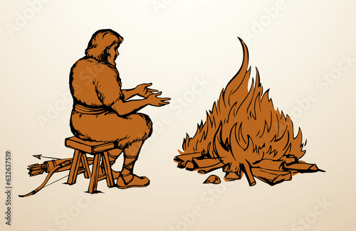Vector drawing. Ancient man warming himself by the fire
