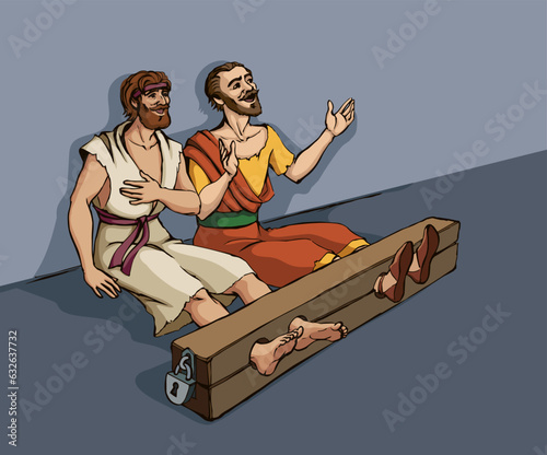 Paul and Silas in prison. Vector drawing