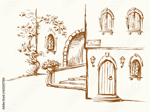 Vector Sketch. Old quiet courtyard