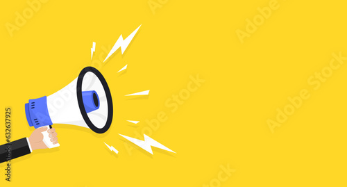 Businessman hand holding megaphone. Loudspeaker, speaker, bullhorn alert. Copy space, business marketing, promotion and advertising. Digital marketing. Vector illustration