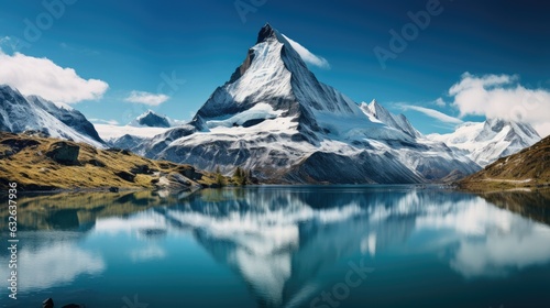 panoramic epically beautiful snowcapped swiss alps mountain peaks with crystal turquoise lakes at their base, switzerland europe generative AI