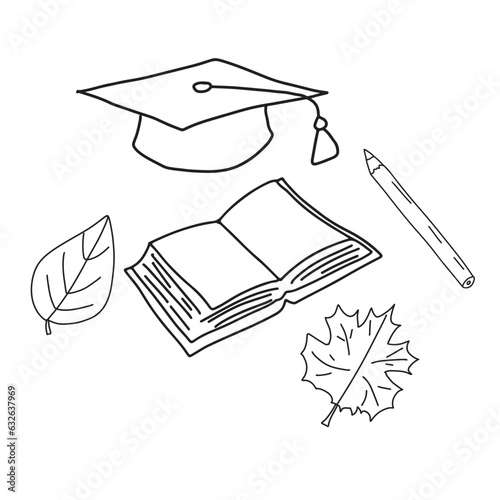 Doodle school elements set. Back to school kids knowledge education.