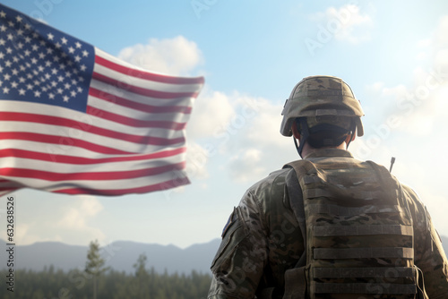 US soldier holds flag, gazes into clear weather.