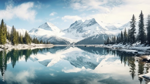 panoramic vista of majestic snow capped mountains reflecting perfectly in a glassy alpine lake at banff national park generative AI © Brandon