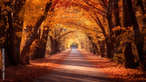 path through autumn woods tunnel color generative AI