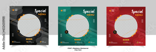 Fast food restaurant business marketing social media post or web banner template design with logo and icon. Fresh pizza, burger and pasta online sale promotion post banner, flyer or poster.