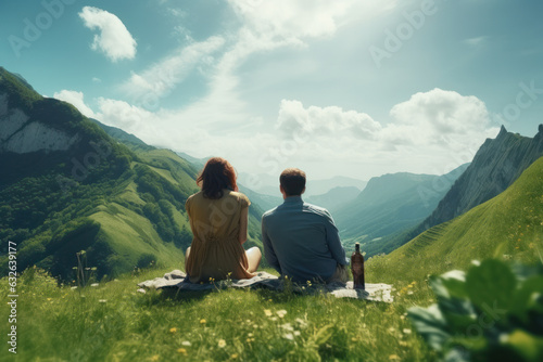 Loving mature couple picnics on mountain visit. Gazing at scenic meadow landscape.