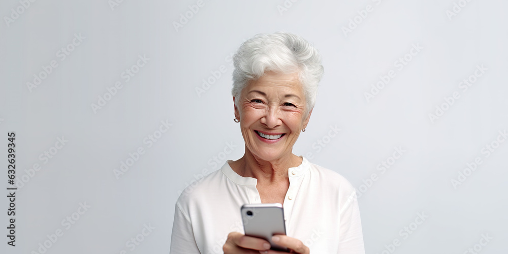 illustration of a happy, smiling, mature fashionable Caucasian woman using a smartphone - on light gray background with copy space illustration of a happy, smiling, mature fashionable Caucasian woman using a smartphone - on light gray background with copy space