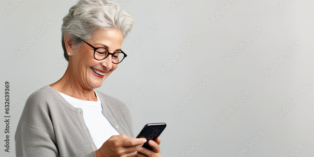 illustration of a happy, smiling, mature fashionable Caucasian woman using a smartphone - on light gray background with copy space