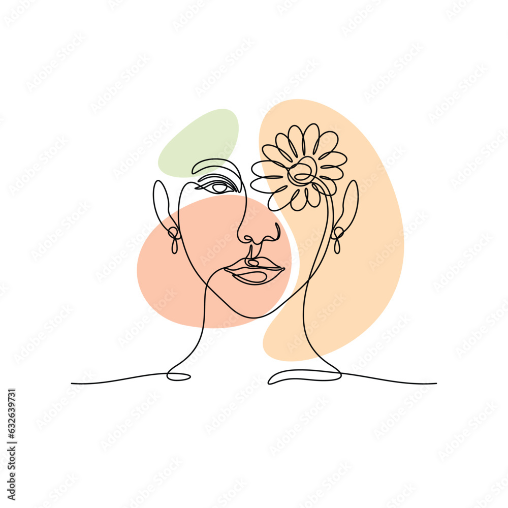 One line art of abstract woman face with flowers, wall decor vector illustration design.can be used for wall art, print, cover design, poster illustration, card, t-shirt print, etc One line art of abstract woman face with flowers, wall decor vector illustration design.can be used for wall art, print, cover design, poster illustration, card, t-shirt print, etc