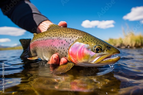 Fisherman hand holding trout he just caught in the water, generative ai