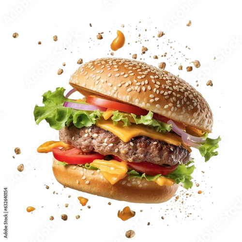 Flying burger ingredients on transparent background