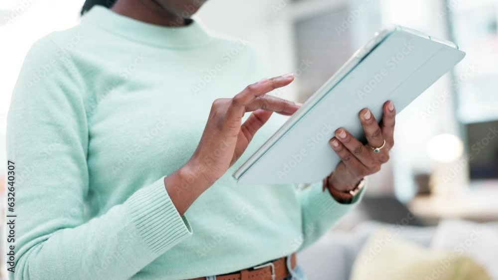 Hands, woman and tablet in home for app to watch movies, streaming internet show or download multimedia. Closeup, digital technology and social media connection for ebook, web blog or online shopping Hands, woman and tablet in home for app to watch movies, streaming internet show or download multimedia. Closeup, digital technology and social media connection for ebook, web blog or online shopping