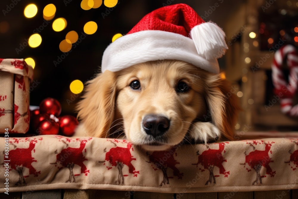 dog sitting in front of a fireplace with Christmas stockings , allow copy space, christmas banner, bright palette dog sitting in front of a fireplace with Christmas stockings , allow copy space, christmas banner, bright palette