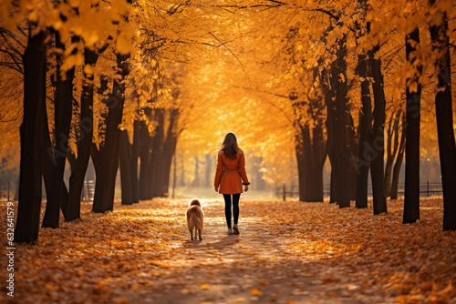 An autumn scene with the girl and the dog walking through a colorful park 