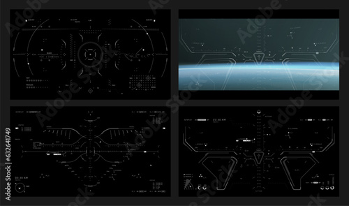 Sleek FUI design overlay for 16:9 resolution, collection of HUD, UI, GUI interface design elements vector. modern sci fi cockpit heads up display design