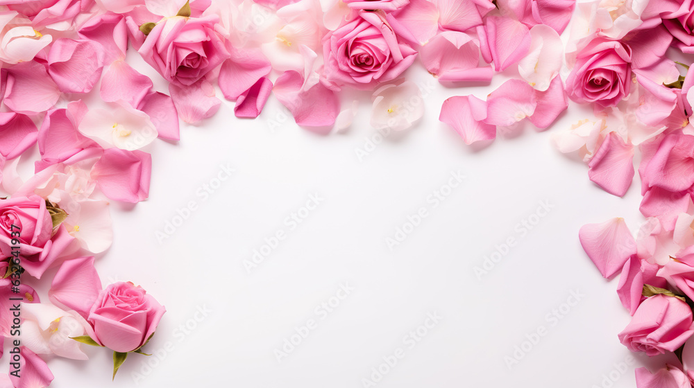 Decorative web banner. Close up of blooming pink roses flowers and petals isolated on white table background. Floral frame composition. Empty space, flat lay, top view