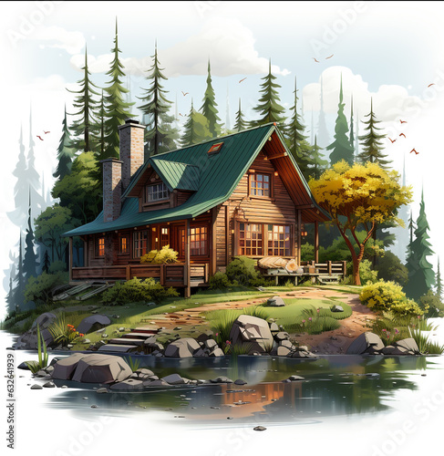 Illustration of wooden cabin in the woods isolated on white background. Surrounded by nature and built on rocky ground.