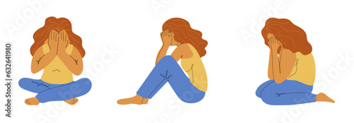 Young woman, girl, suffering from psychological diseases, anxiety,  sitting and crying. Headache, depression, anxiety concept. Mental health. Vector illustration.