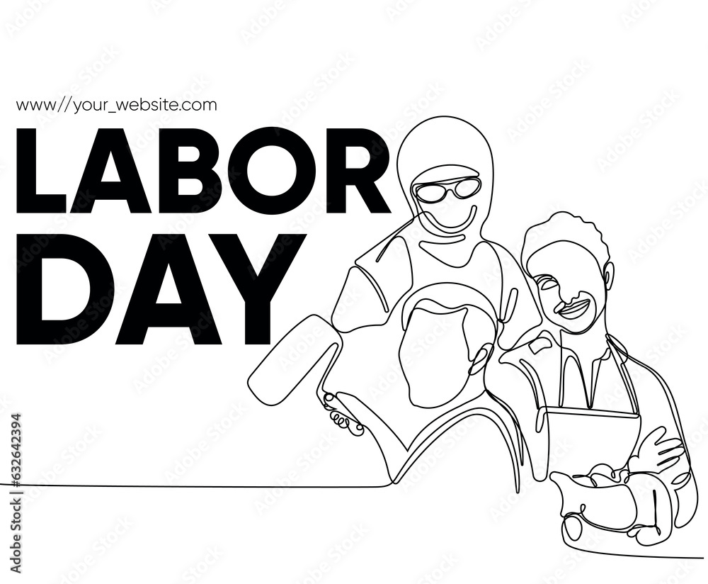 Happy Labour Day simple vector web banner. Set of tools. Lettering Labour Day. Black and white background, banner, poster. Vector illustration