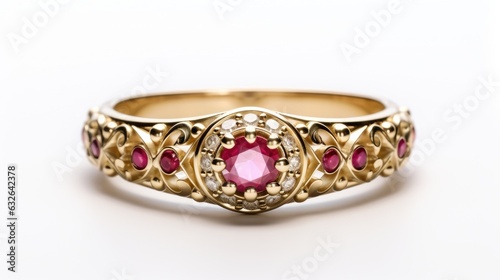 renaissance-style ruby and pearl ring in gold isolated on a white background generative AI