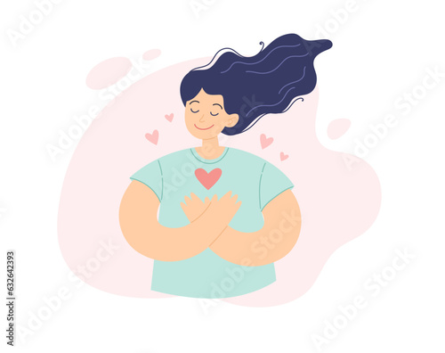 Self help concept. Young positive woman with her hand on the chest with heart, gratitude and peace. Vector illustration in minimalist style