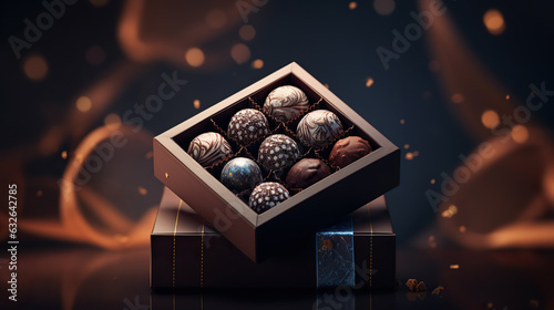 Chocolates and chocolate pralines in a gift box as a luxury holiday present, generative ai