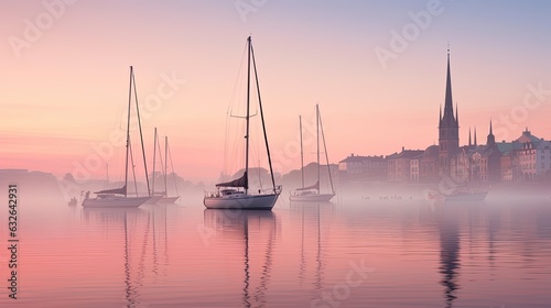sailboats floating still foggy dawn stockholm sweden harbor waterfront architecture buildings faded hazy generative AI