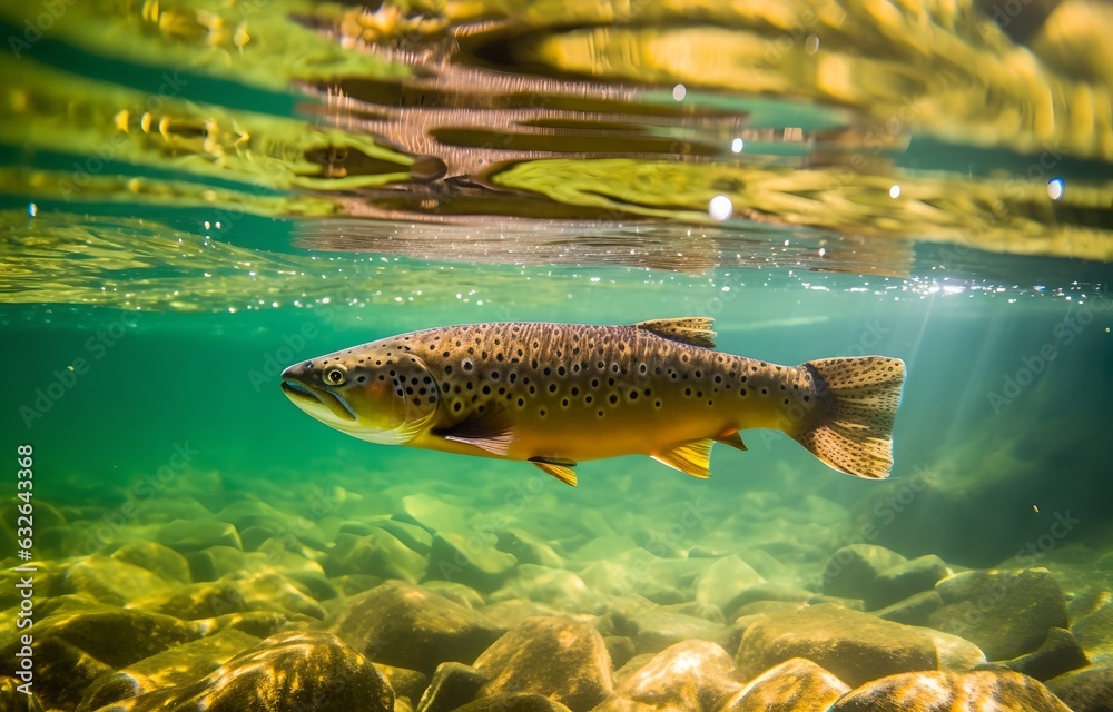 Naklejka premium Fish swims underwater, close-up, clear river or lake water with fish, perfect fishing spot, generative ai