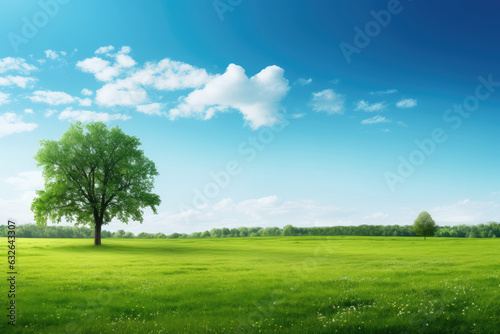 Green meadow and tree on a background of blue sky with clouds © Tida