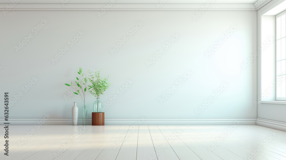 Empty white room with plants, in the style of minimalist backgrounds, empty space for text Empty white room with plants, in the style of minimalist backgrounds, empty space for text