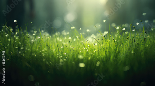a close up of a green grassy field, in the morning. Natural background.