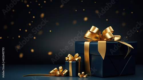 Blue Gift box on a table. Elegant dark blue present box with golden bow on a black background, copy space. Background for greeting card for Birthday, Fathers Day, Christmas. Generative ai illustration photo