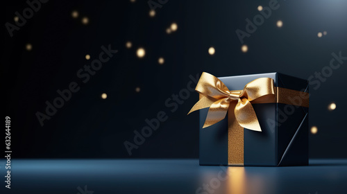 Blue Gift box on a table. Elegant dark blue present box with golden bow on a black background, copy space. Background for greeting card for Birthday, Fathers Day, Christmas. Generative ai illustration