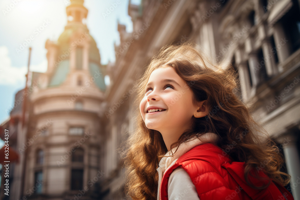 The young girl admiring the architecture of a grand city building, smiling in awe 