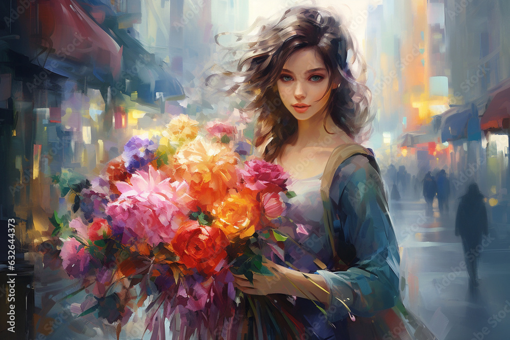 The girl with a bouquet of colorful flowers, adding brightness to the urban scene 