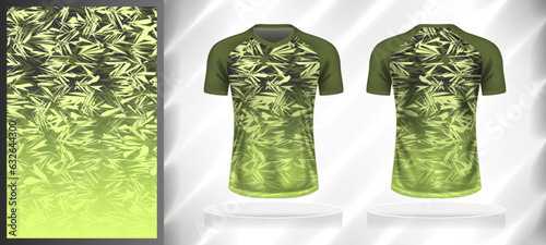 Vector sport pattern design template for V-neck T-shirt front and back with short sleeve view mockup. Dark and light shades of green color gradient abstract texture background illustration.