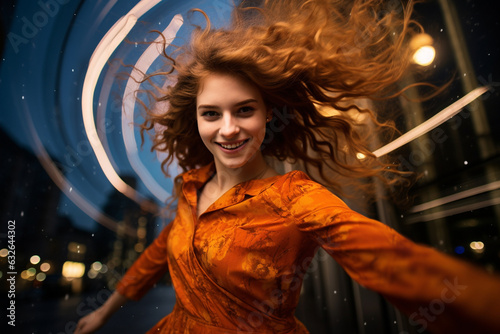 A playful shot of the girl twirling with delight in the midst of the city's energy 