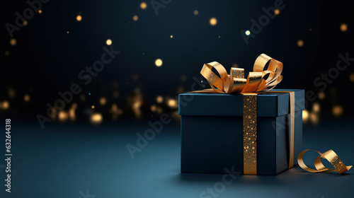 Blue Gift box on a table. Elegant dark blue present box with golden bow on a black background, copy space. Background for greeting card for Birthday, Fathers Day, Christmas. Generative ai illustration © Ziyan Yang